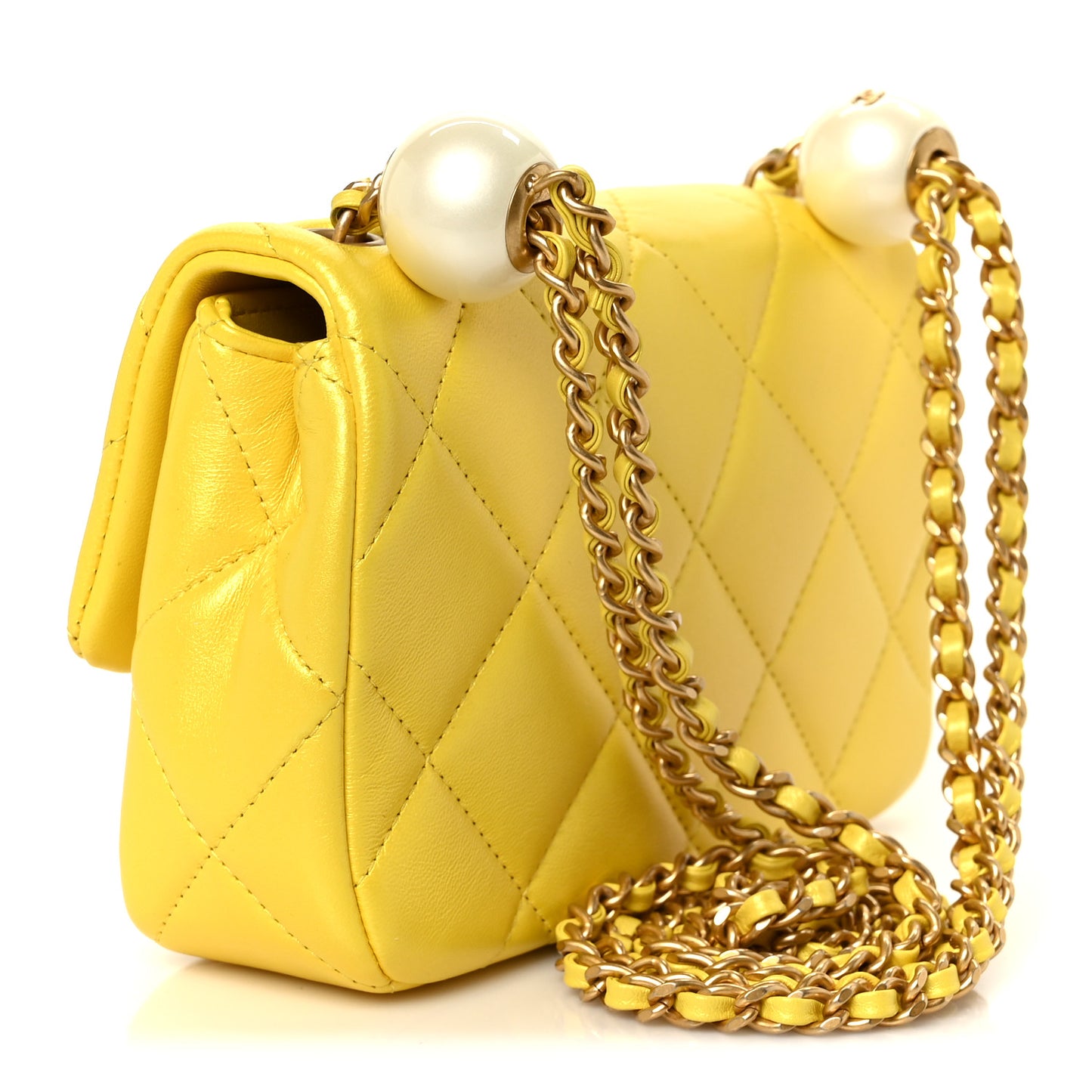 Pearly Lambskin Pearl Quilted Mini Flap Yellow