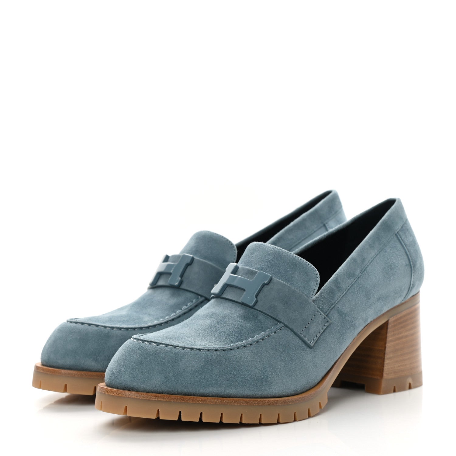 Hermes Suede Goatskin Womens Foch 60 Pump 39 Bleu Pinede 3 of 9