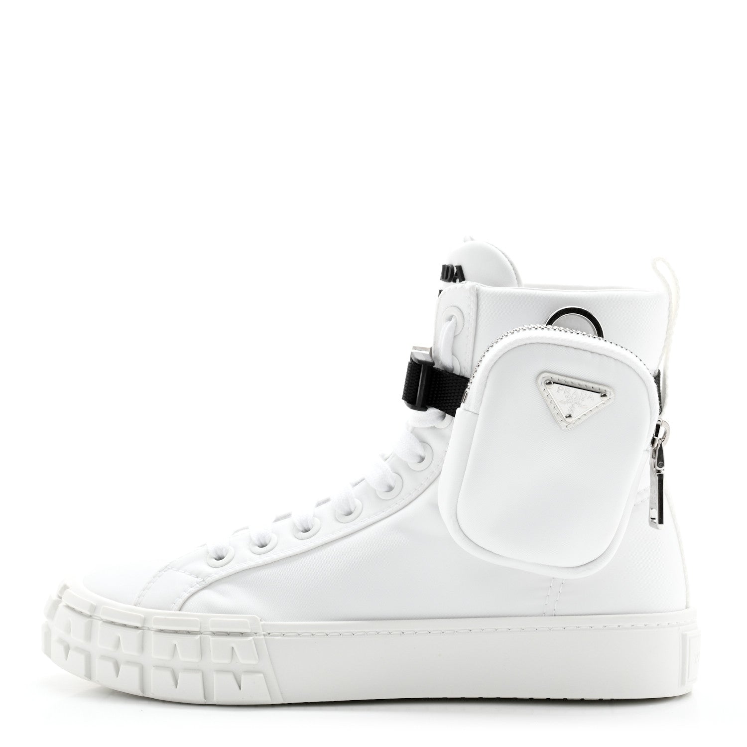 Prada Re-Nylon Gabardine Metal Triangle Logo Wheel Pouch Pocket High Top Sneakers 38 White 1 of 10