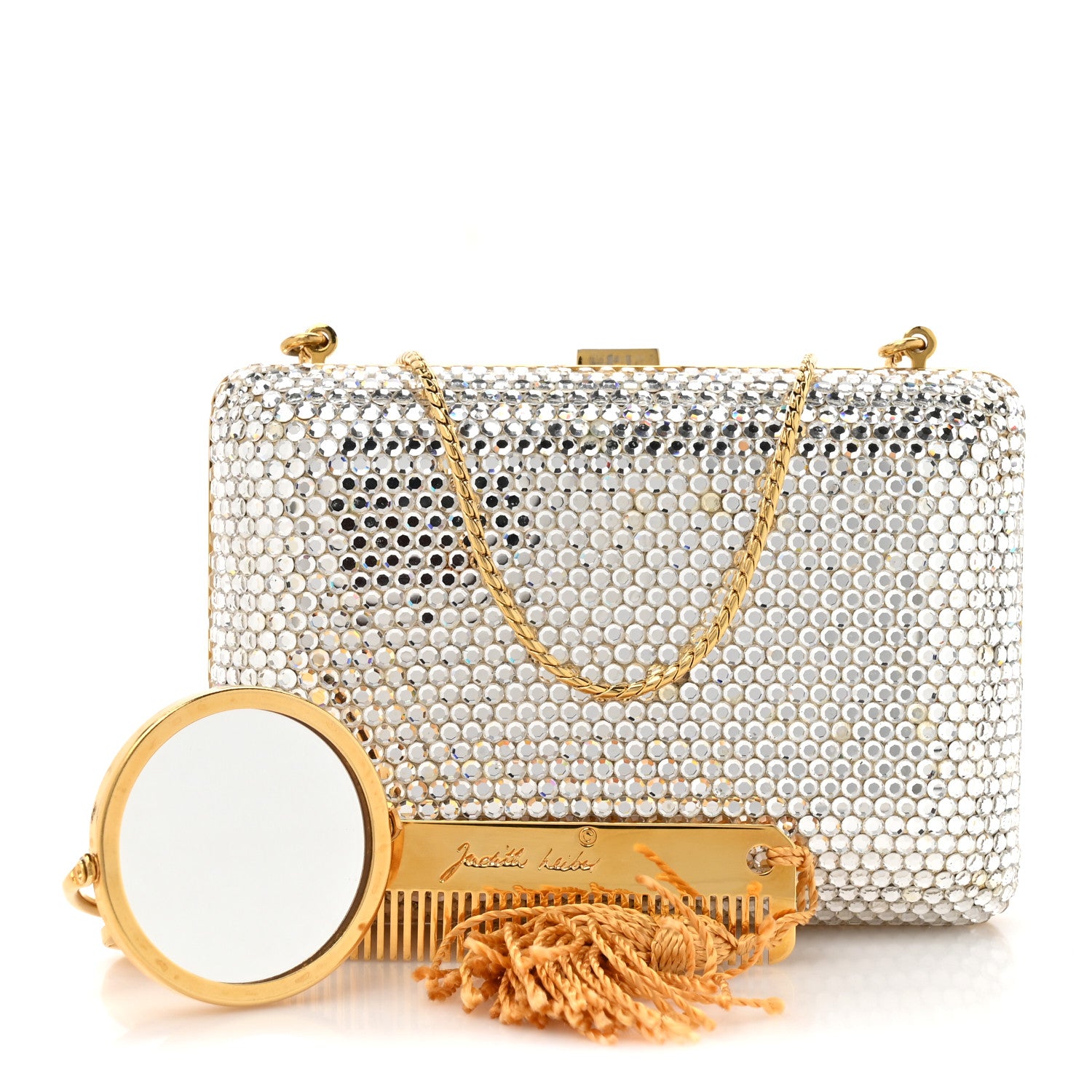 Judith Leiber Swarovski Crystal Minaudiere Clutch Silver Gold 3 of 11