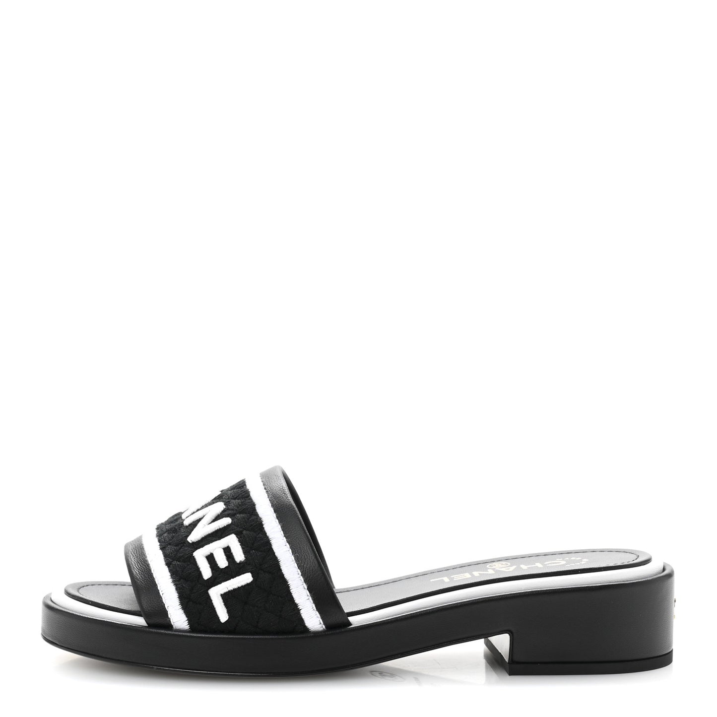 Lambskin Embroidered CC Mule Sandal 38.5 Black White