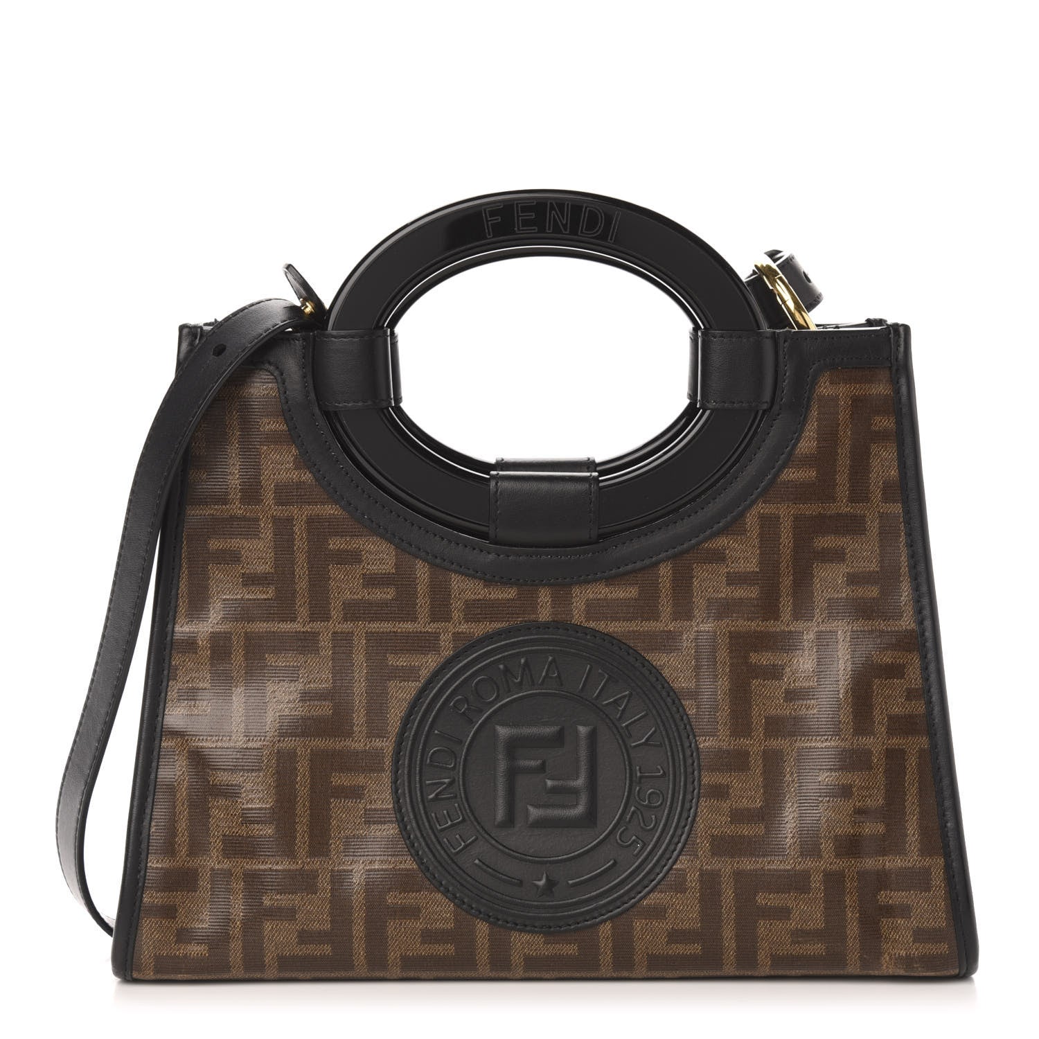 Fendi Glazed Fabric Vitello Century Plexiglass FF 1974 Stamp Patch Small Runaway Shopper Tote Mogano Panna Black 1 of 12