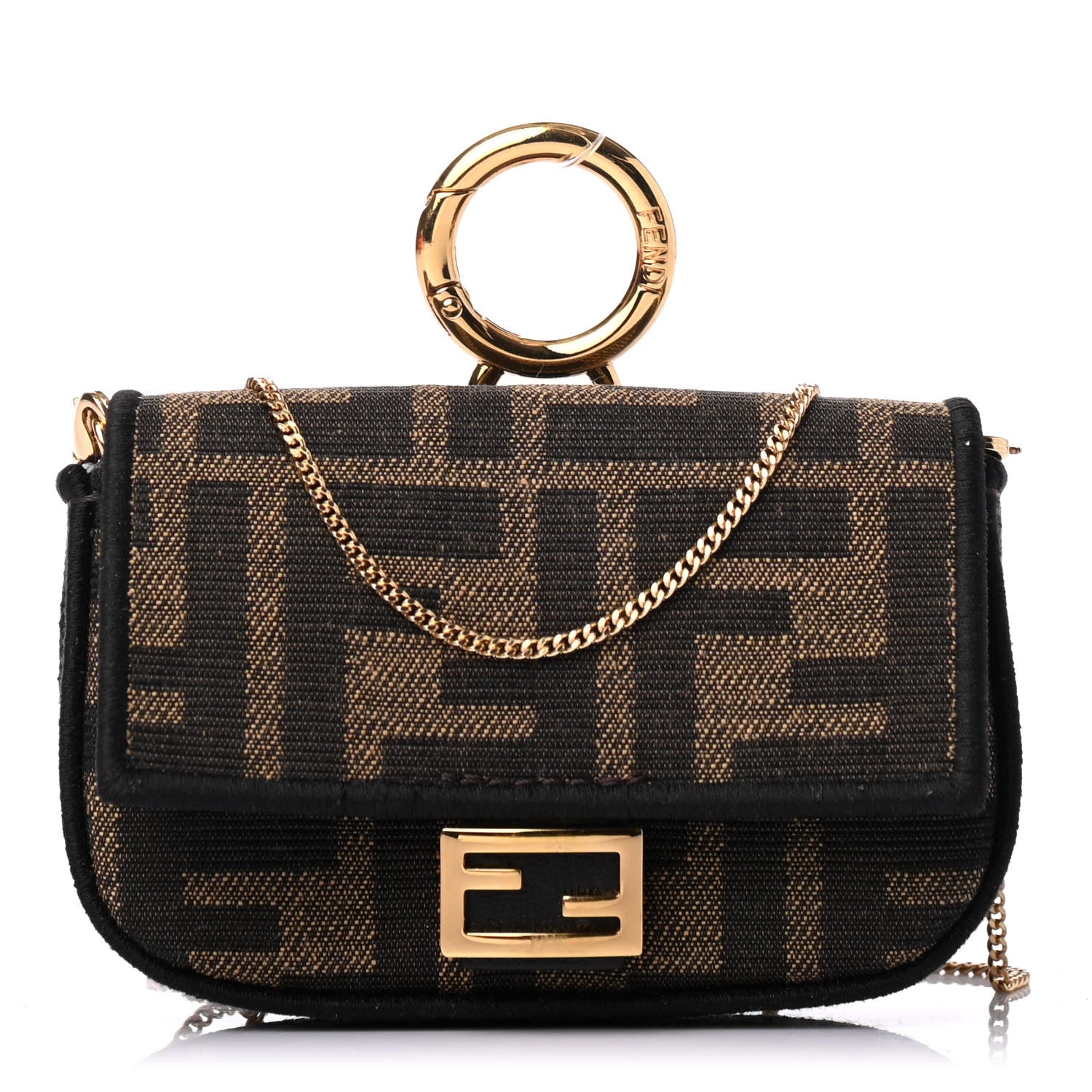 Fendi Fabric Jacquard FF 1974 Nano Baguette Charm Tobacco Moro Black 1 of 4
