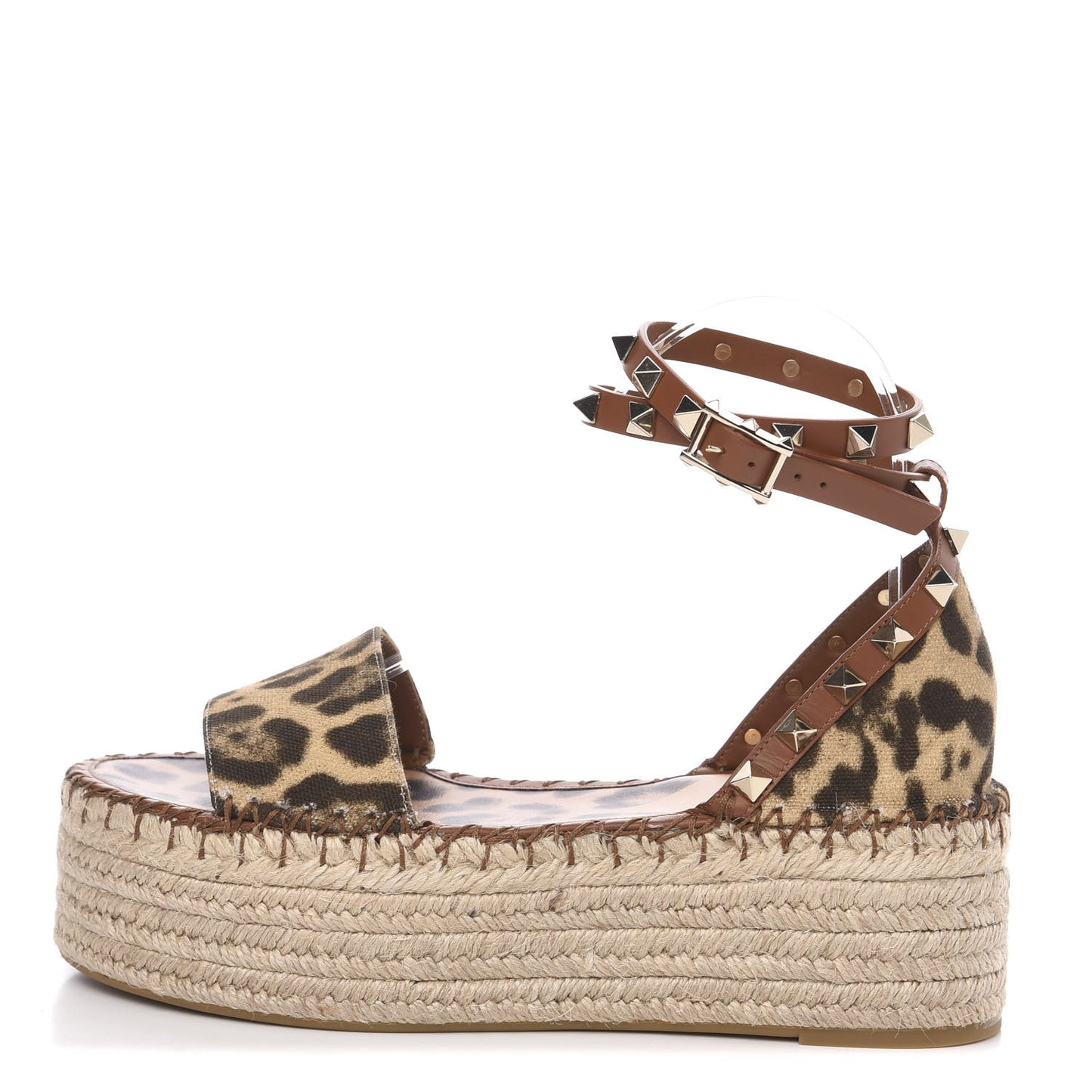 Canvas Leopard Print Rockstud Ankle Wrap Espadrille Flatform Sandals 36 Brown