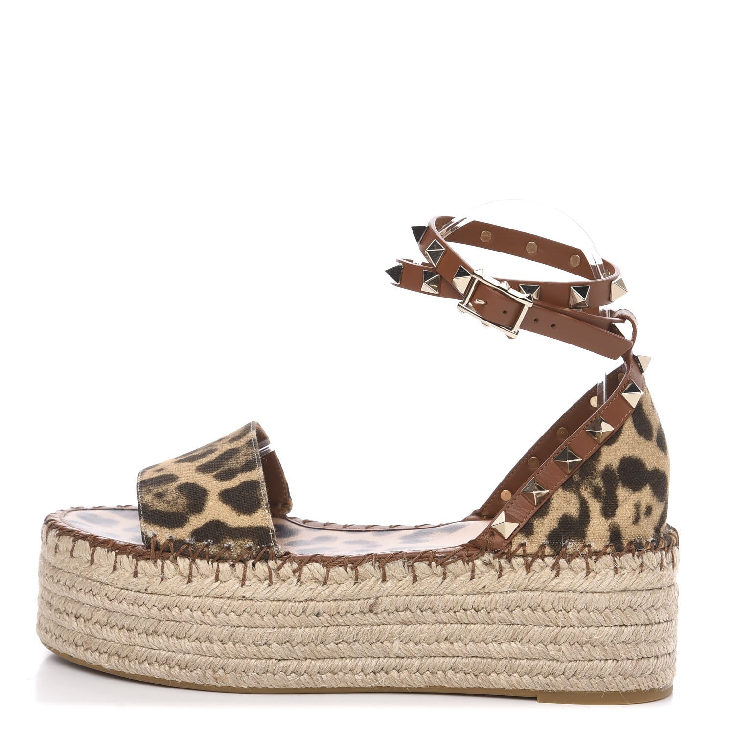 Valentino Garavani Canvas Leopard Print Rockstud Ankle Wrap Espadrille Flatform Sandals 36 Brown 1 of 8