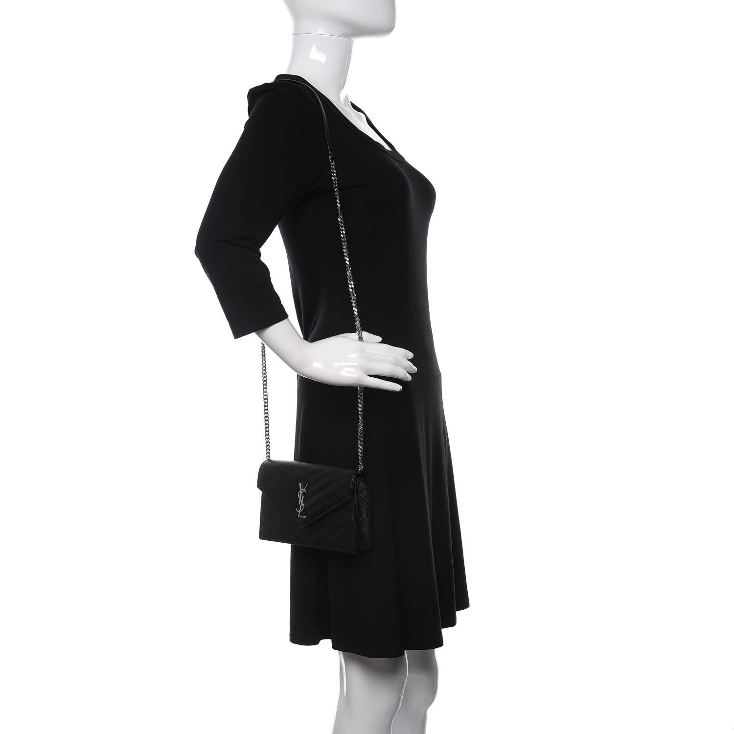 Saint Laurent Grain De Poudre Matelasse Chevron Monogram Envelope Chain Wallet Black 2 of 9