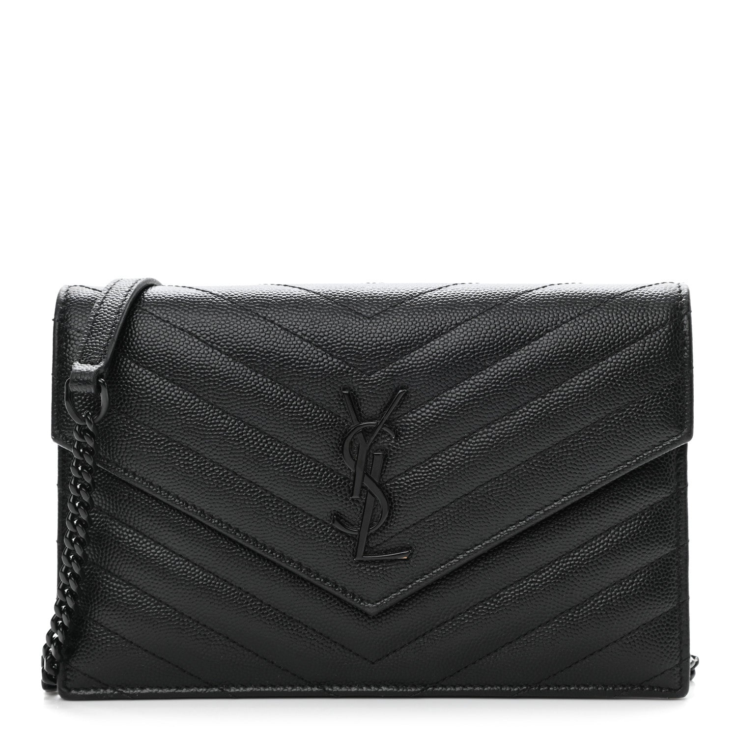 Saint Laurent Grain De Poudre Matelasse Chevron Monogram Monochrome Envelope Chain Wallet Black 1 of 12
