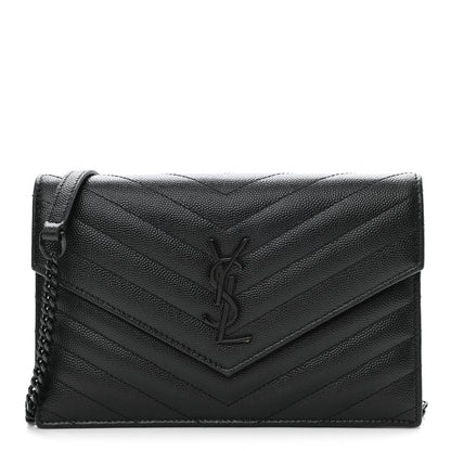 Saint Laurent Grain De Poudre Matelasse Chevron Monogram Monochrome Envelope Chain Wallet Black 1 of 12