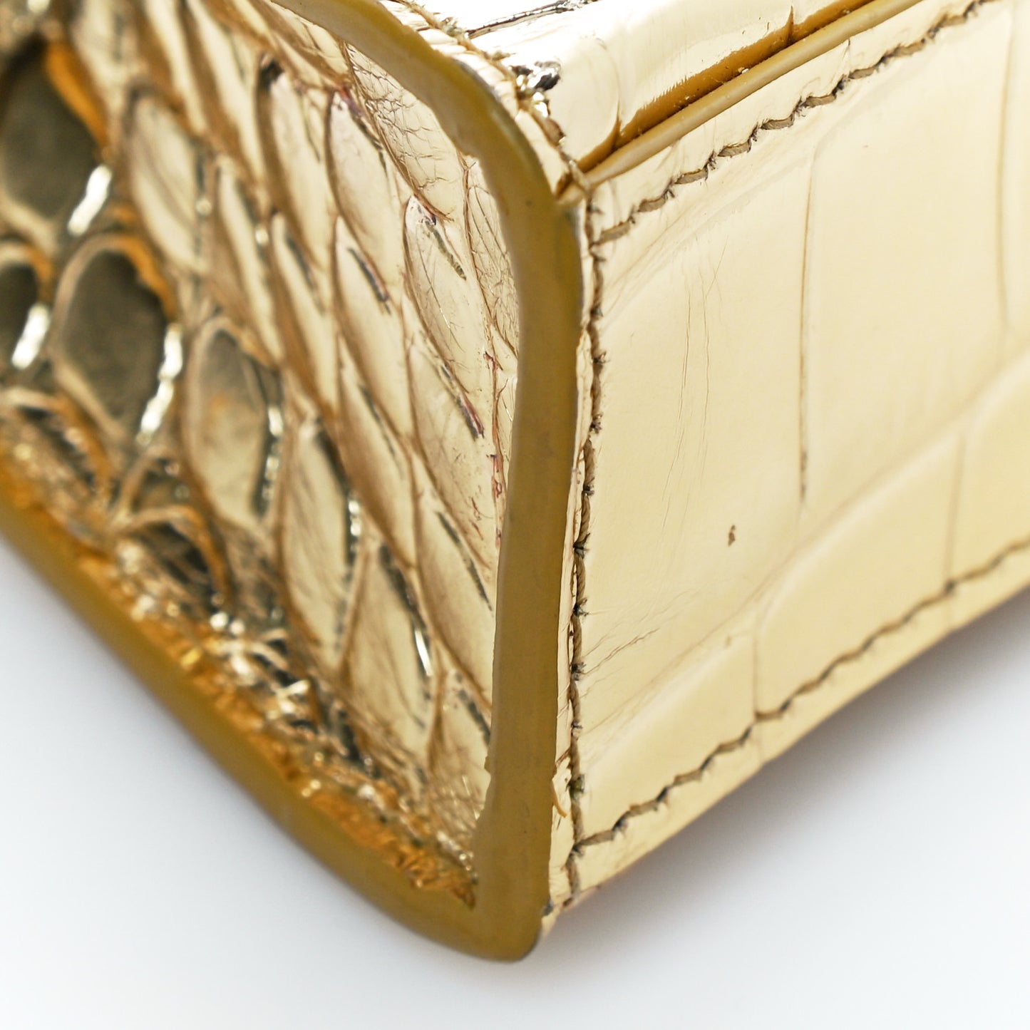 Metallic Calfskin Crocodile Embossed Hourglass Top Handle Bag Mini Gold