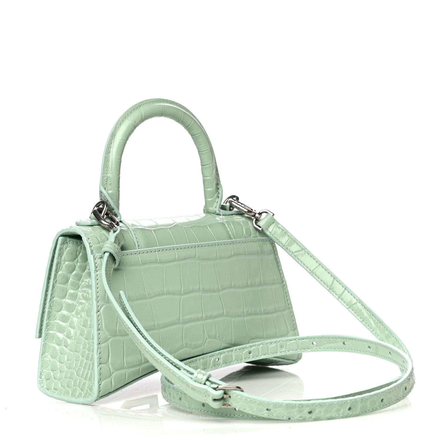 Balenciaga Shiny Calfskin Crocodile Embossed Hourglass Top Handle Bag XS Light Green 3 of 12