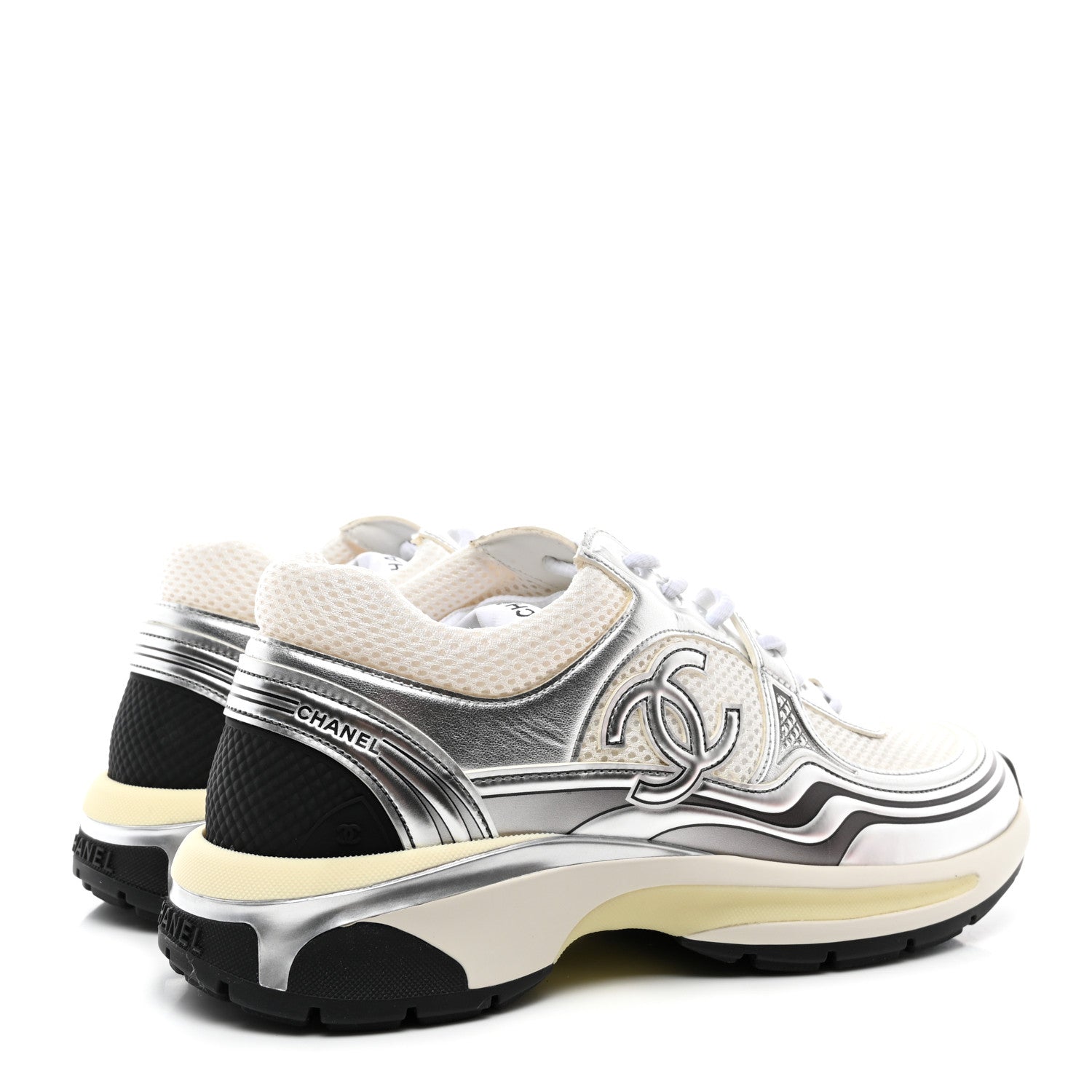 Chanel Fabric Laminated Calfskin Stretch CC Womens Sneakers 38.5 White Silver 4 of 9