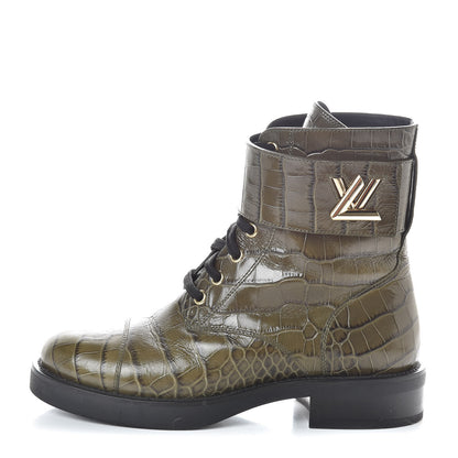 Louis Vuitton Calfskin Crocodile Embossed Wonderland Ranger Boots 36 Kaki 1 of 8