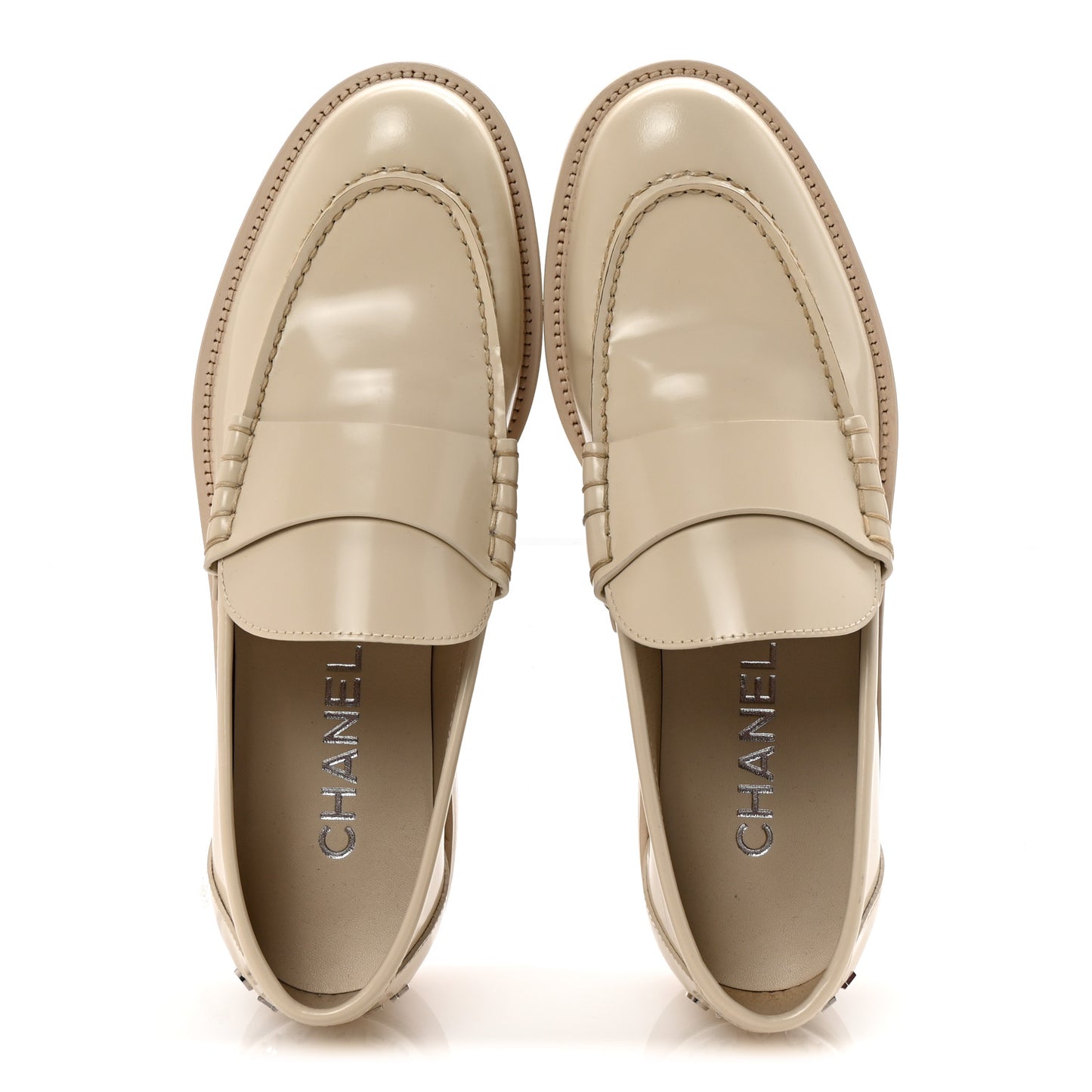 Shiny Calfskin Logo Loafers 38.5 Light Beige