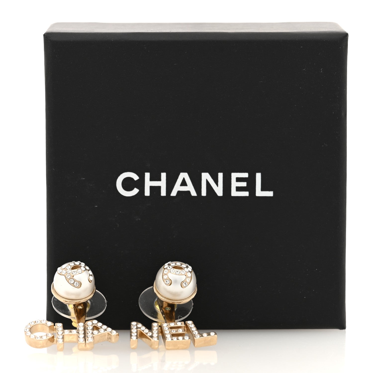 Chanel Crystal Pearl Cha-Nel Logo Earrings Gold 5 of 5