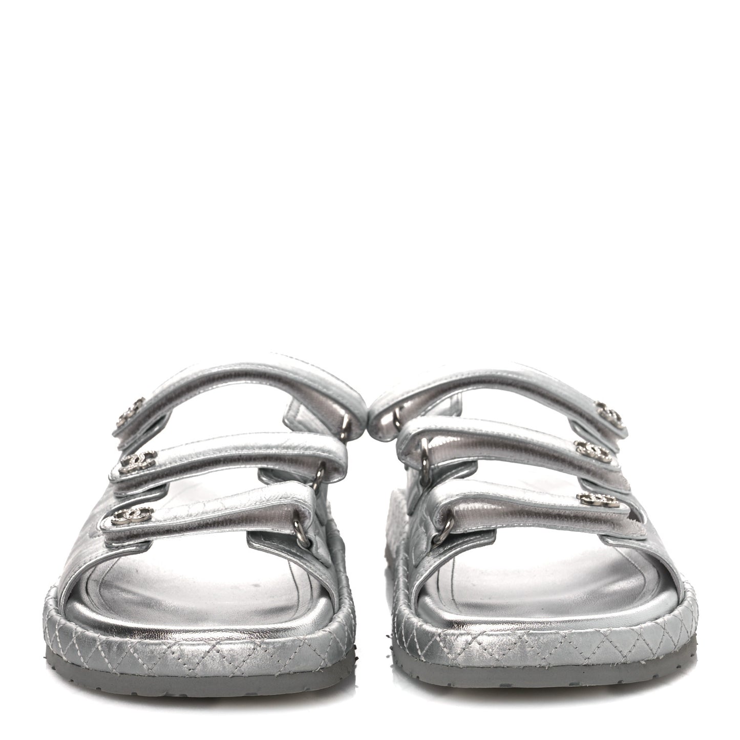 Laminated Lambskin Quilted Velcro Crystal CC Dad Slide Sandals Silver 37.5 Silver