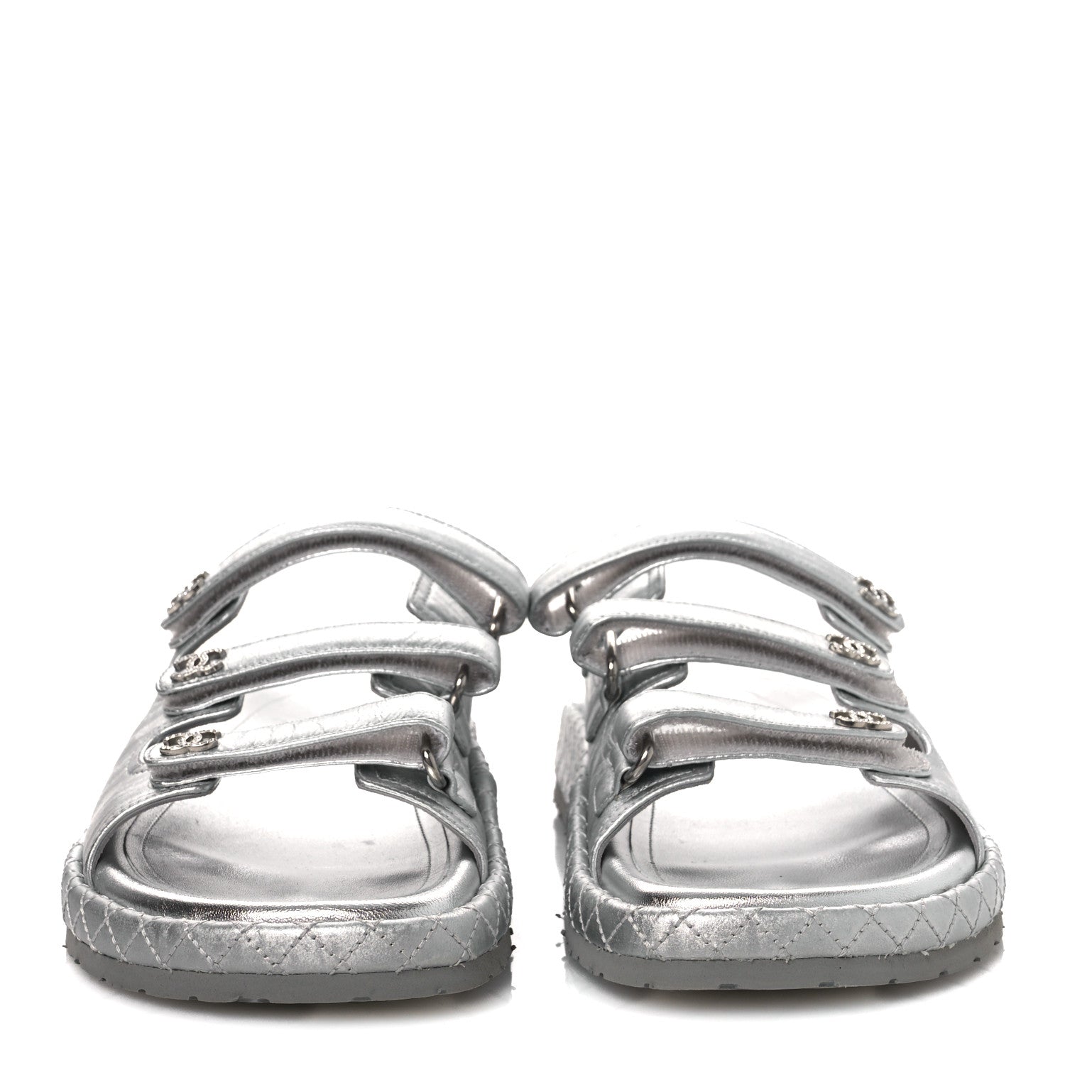 Chanel Laminated Lambskin Quilted Velcro Crystal CC Dad Slide Sandals Silver 37.5 Silver 3 of 11