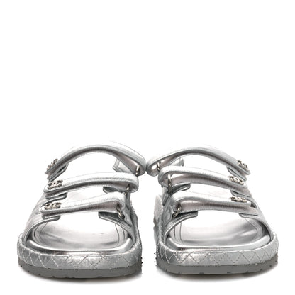 Chanel Laminated Lambskin Quilted Velcro Crystal CC Dad Slide Sandals Silver 37.5 Silver 3 of 11