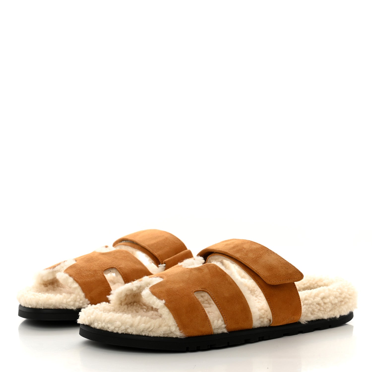 Hermes Suede Goatskin Woolskin Mens Chypre Sandals 42 Brun Fume Ecru 3 of 8