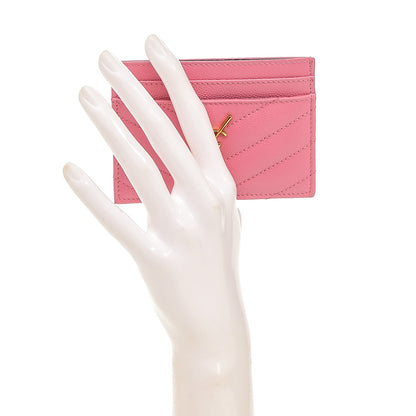 Saint Laurent Grain De Poudre Matelasse Chevron Monogram Credit Card Case Pink 2 of 6