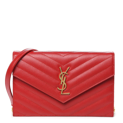 Saint Laurent Grain De Poudre Matelasse Chevron Monogram Envelope Chain Wallet New Red 1 of 11