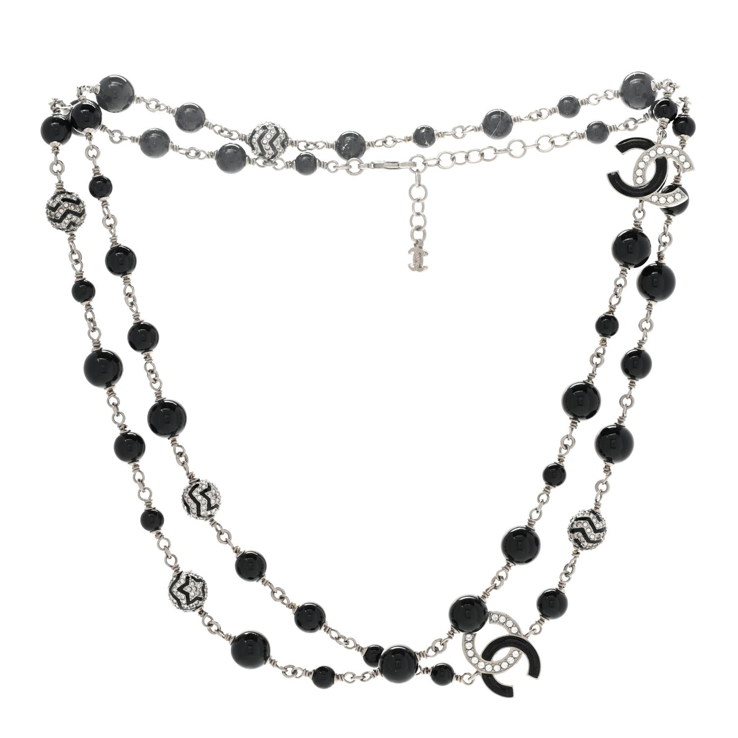 Pearl Crystal Beaded CC Multi Strand Necklace Black Silver