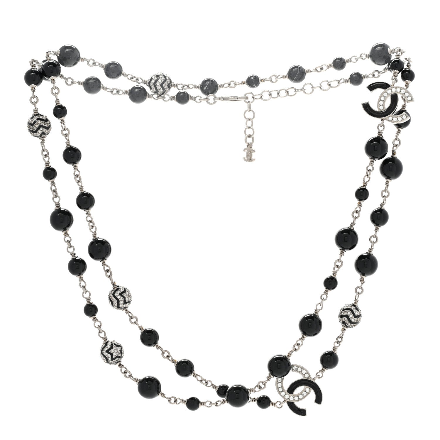 Chanel Pearl Crystal Beaded CC Multi Strand Necklace Black Silver 3 of 6