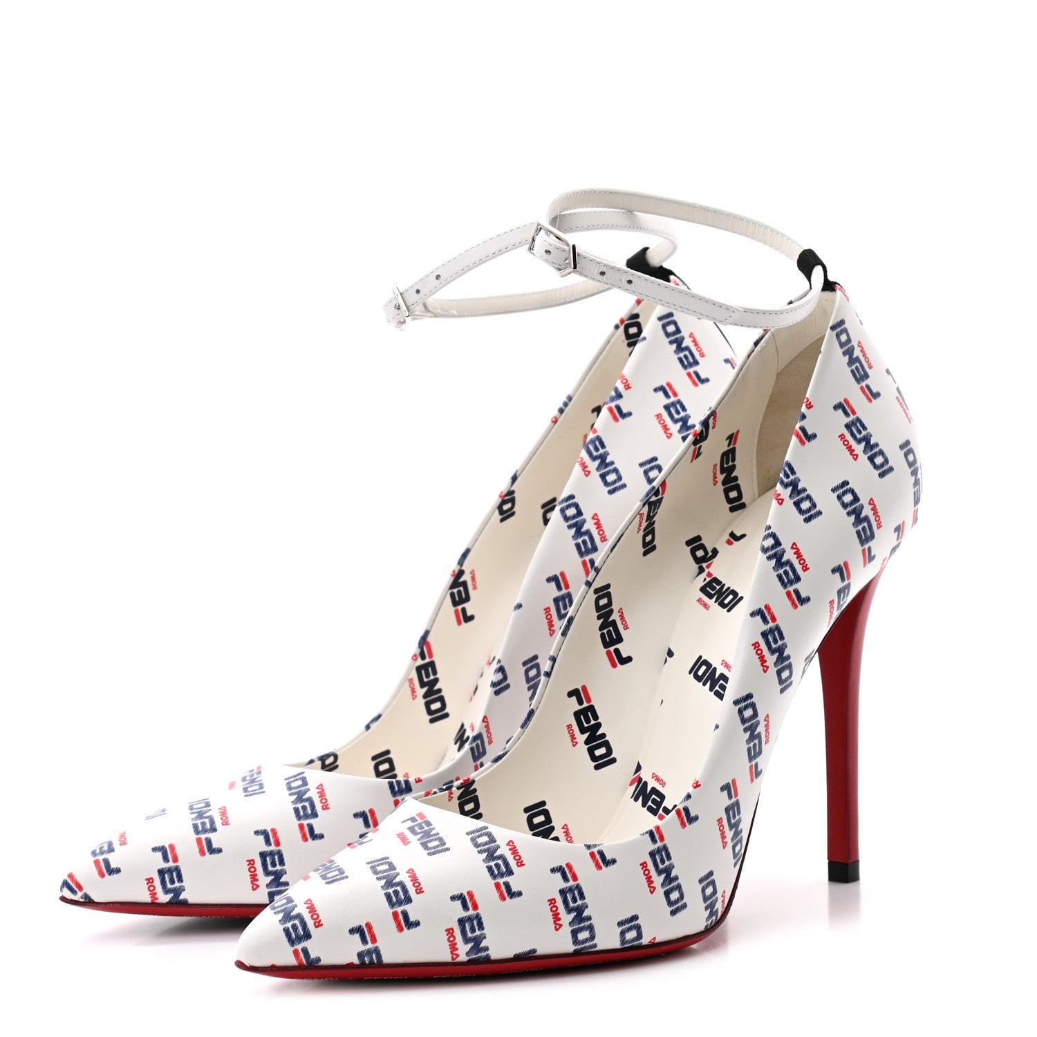 Fendi X FILA Vitello Mania Logo Print High Heel Pumps 40 White Blue Red Fragola 3 of 7