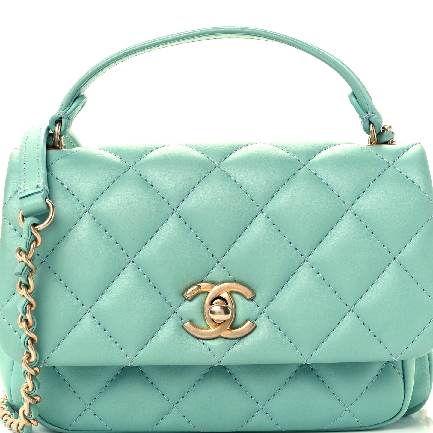 Calfskin Quilted Top Handle Flap Light Blue