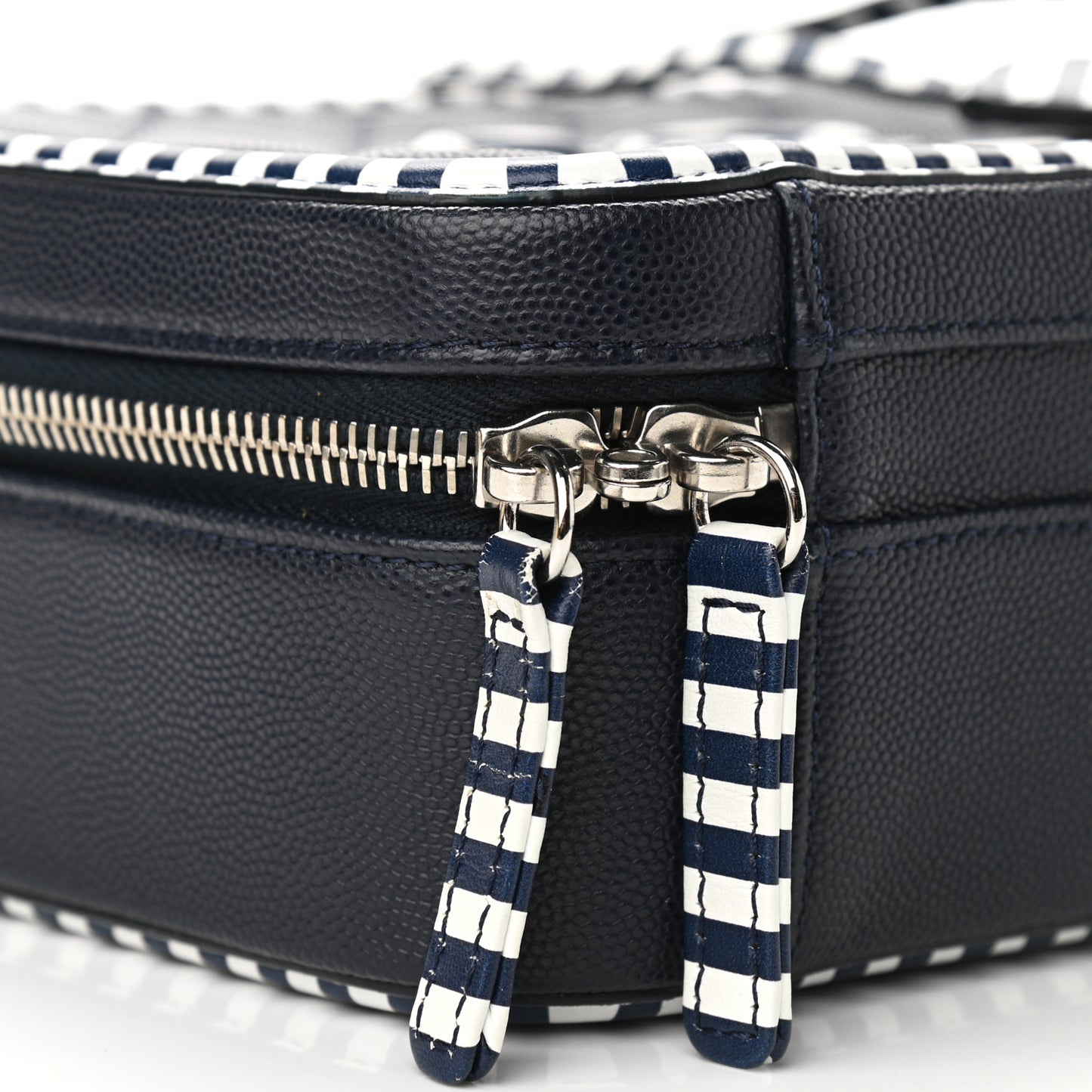 Caviar Quilted Striped Medium CC Filigree Vanity Case Navy White