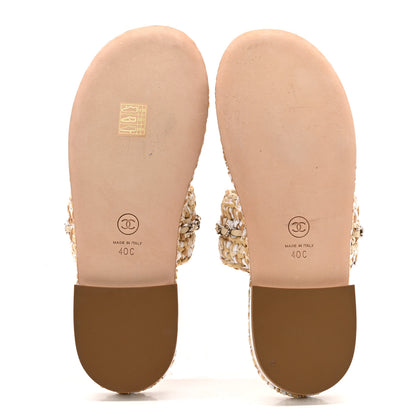 Chanel Raffia Lambskin Woven Chain CC Toe Ring Sandals 40 Beige White 6 of 10