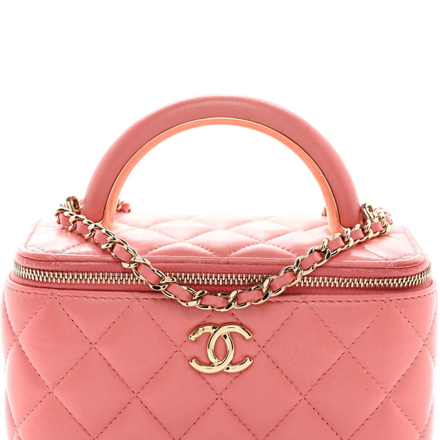 Lambskin Quilted Small Charming Top Handle Vanity Case With Chain Pink