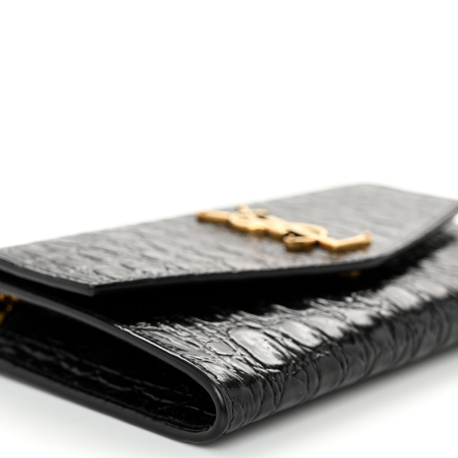 Saint Laurent Calfskin Crocodile Embossed Monogram Uptown Chain Wallet Black 10 of 12