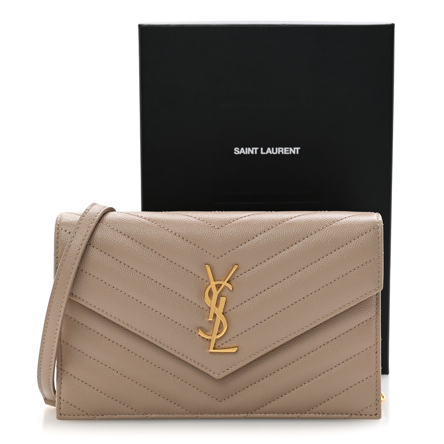 Grain De Poudre Matelasse Chevron Monogram Envelope Chain Wallet Dark Beige