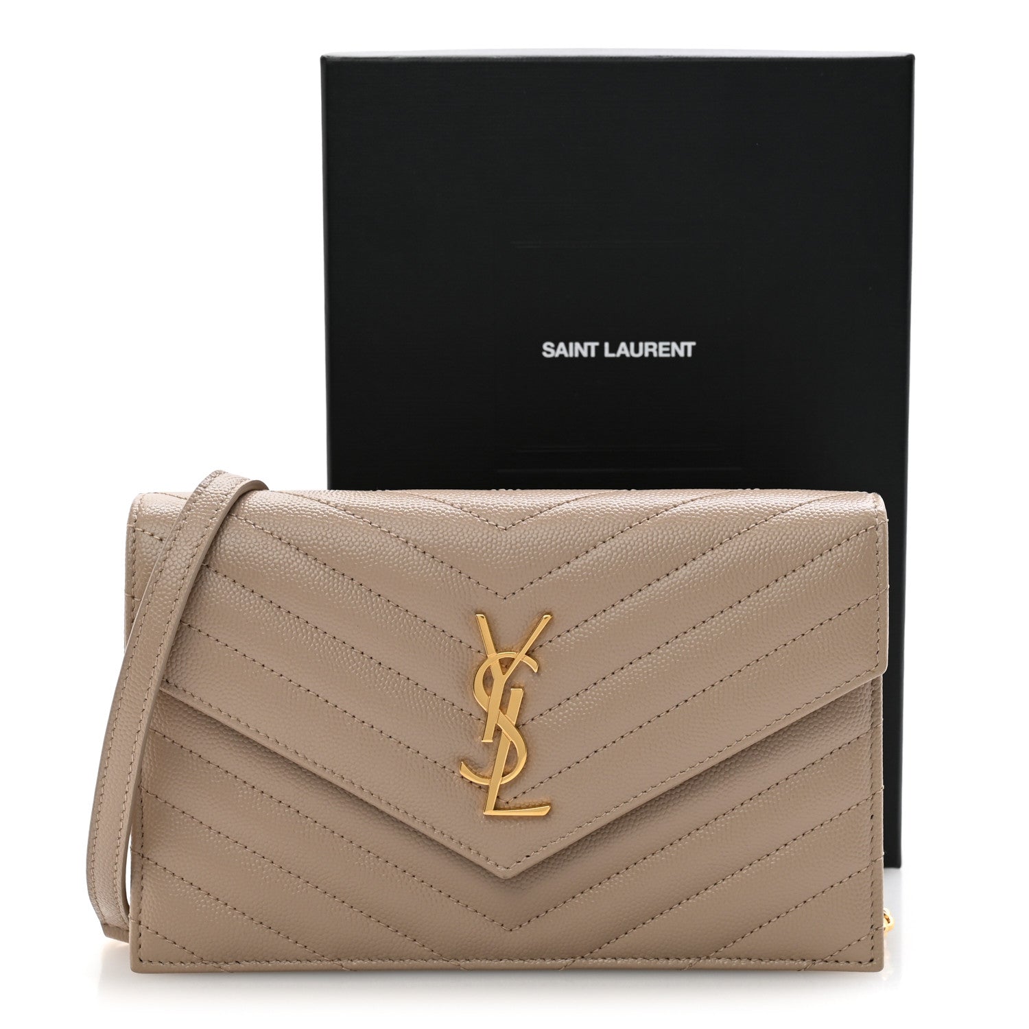 Saint Laurent Grain De Poudre Matelasse Chevron Monogram Envelope Chain Wallet Dark Beige 11 of 11