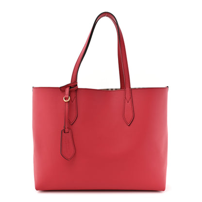 Burberry Grainy Calfskin Haymarket Check Medium Reversible Tote Coral Red 3 of 16