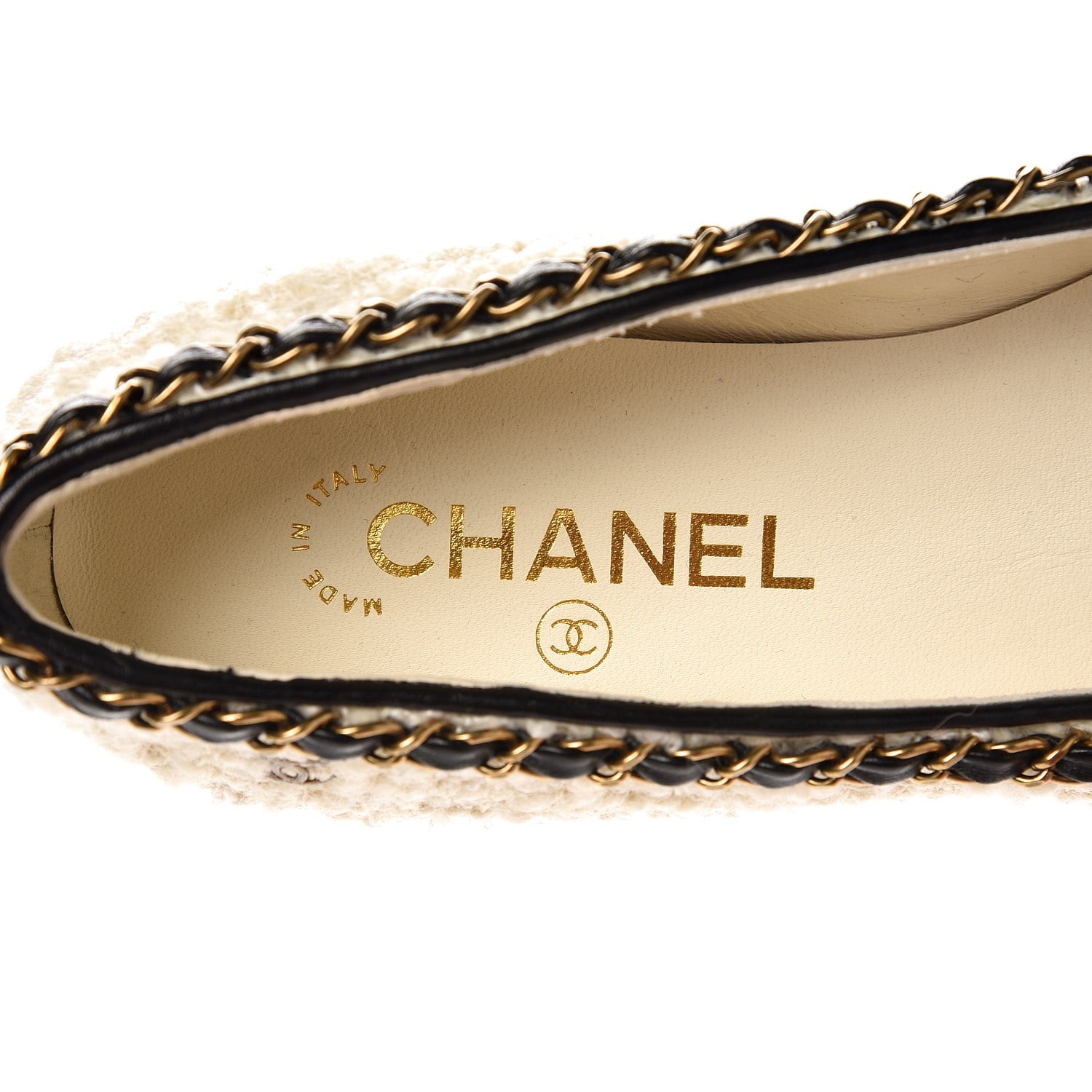 Chanel Tweed Grosgrain Chained Cap Toe Ballerina Flats 37 Ivory Black 6 of 9