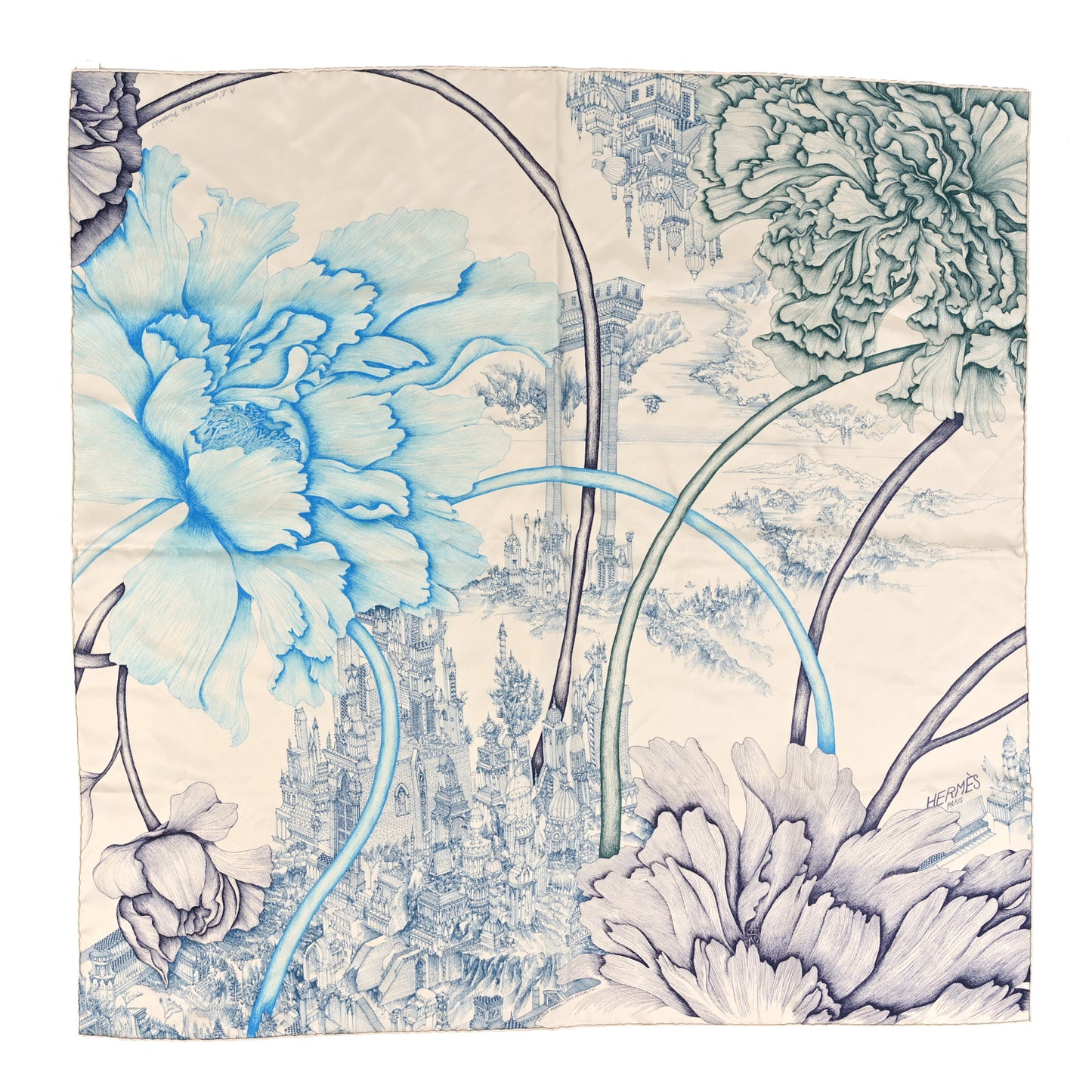Silk A L'Ombre Des Pivoine Scarf 90 Ivory Turquoise Vert