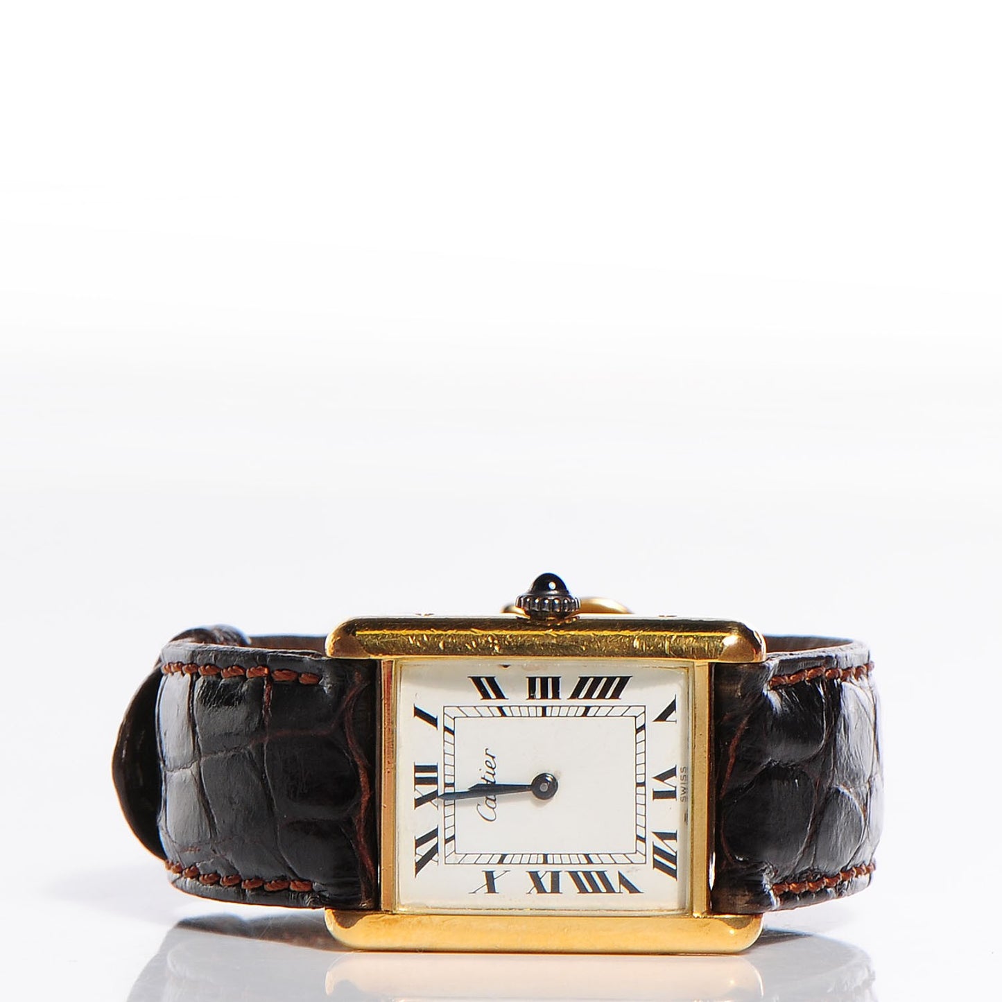 Sterling Silver Vermeil Alligator 20mm Must de Cartier Tank Quartz Watch Brown