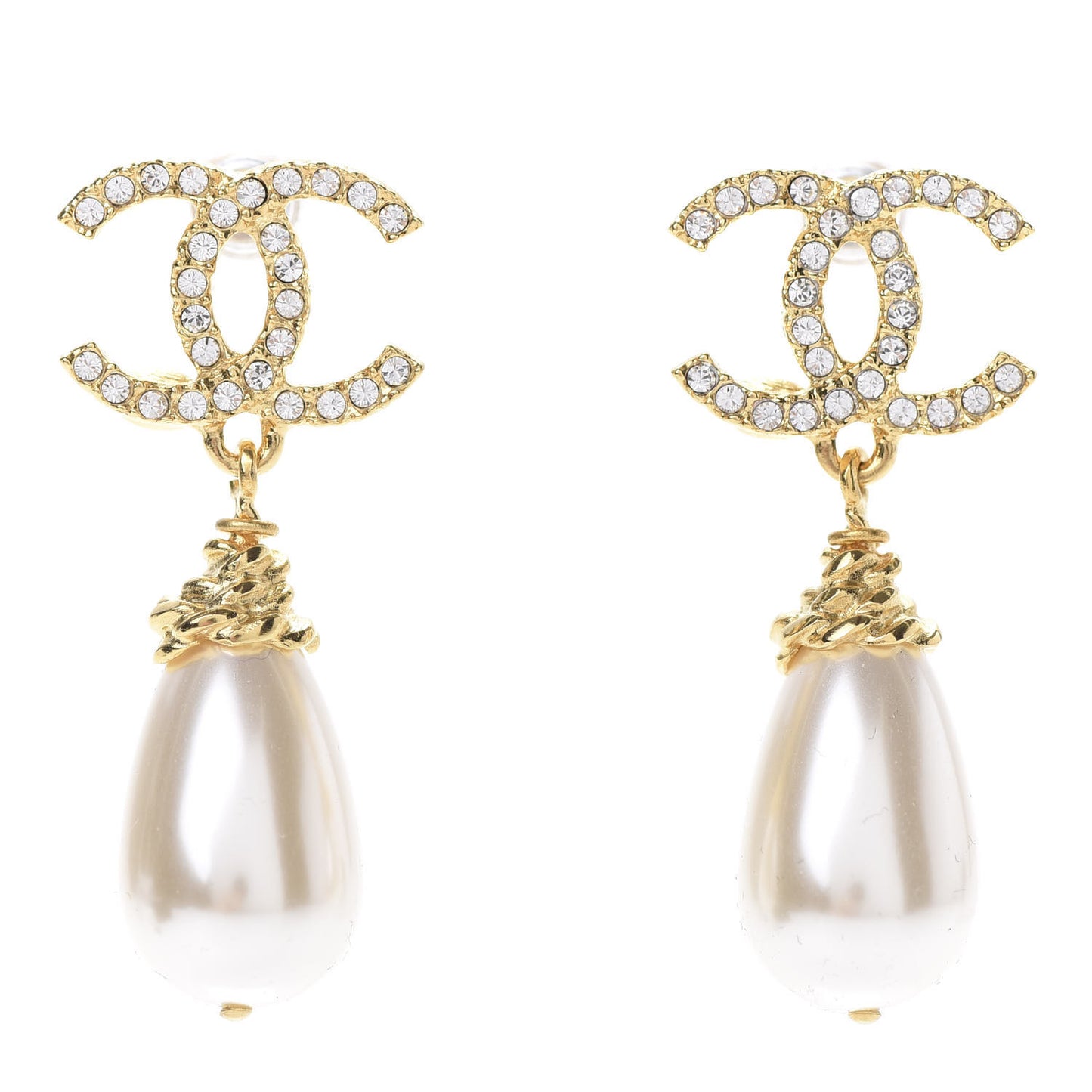 Crystal Pearl CC Drop Earrings Gold