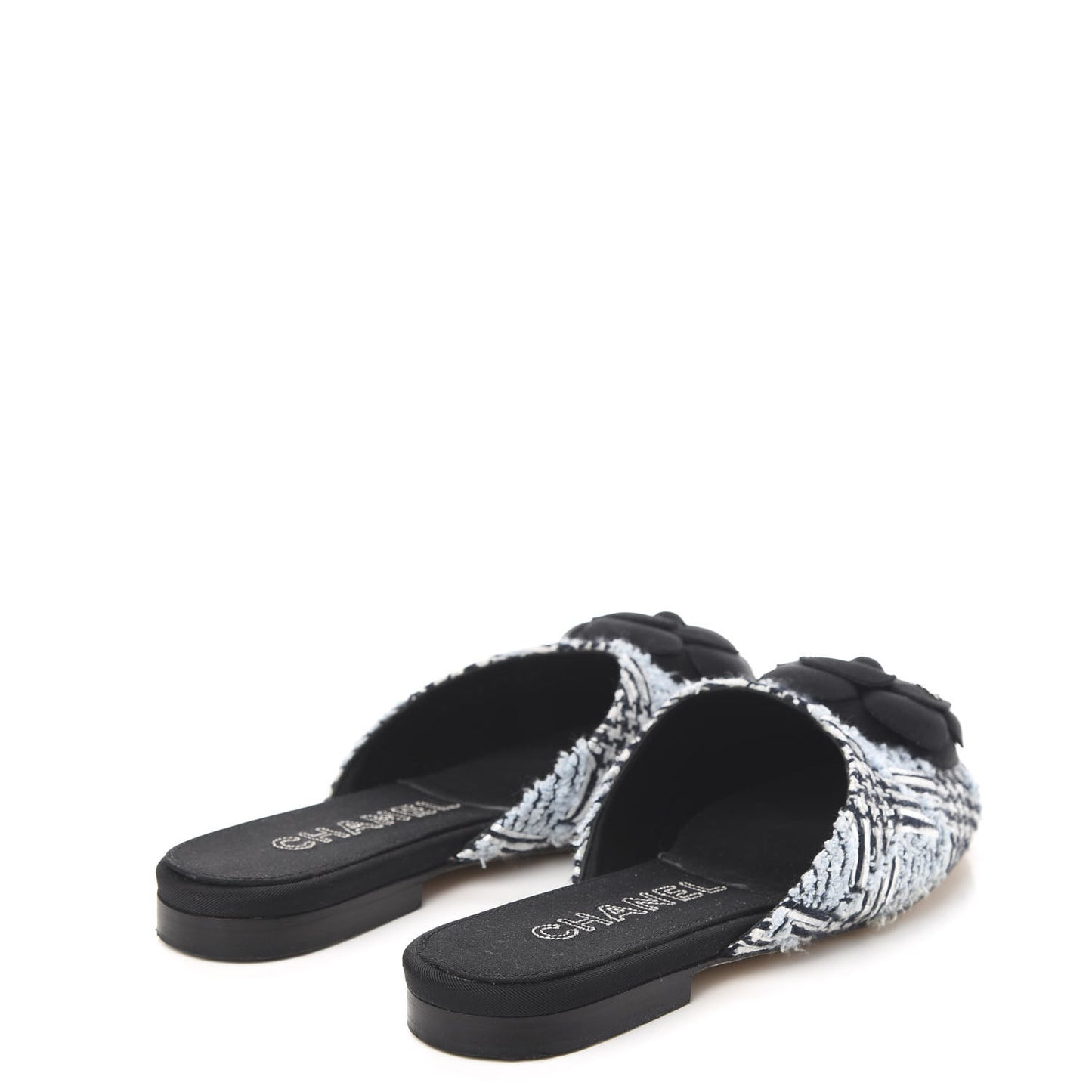 Tweed Grosgrain Camellia CC Flat Mules 35.5 Blue Silver Black