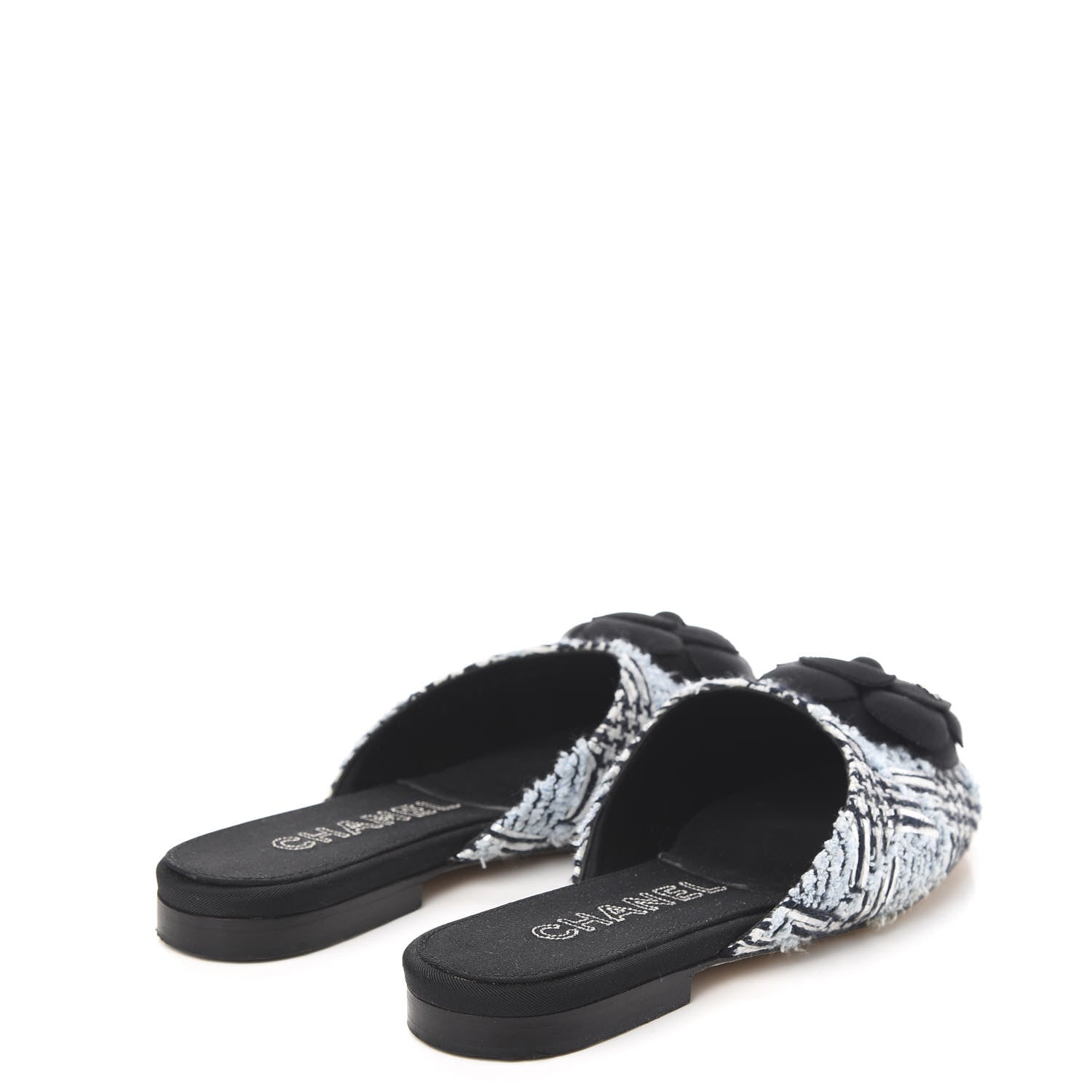 Chanel Tweed Grosgrain Camellia CC Flat Mules 35.5 Blue Silver Black 4 of 8