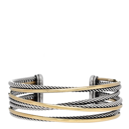 David Yurman Sterling Silver 18K Yellow Gold 21mm Four Row Crossover Cuff Bracelet 1 of 3