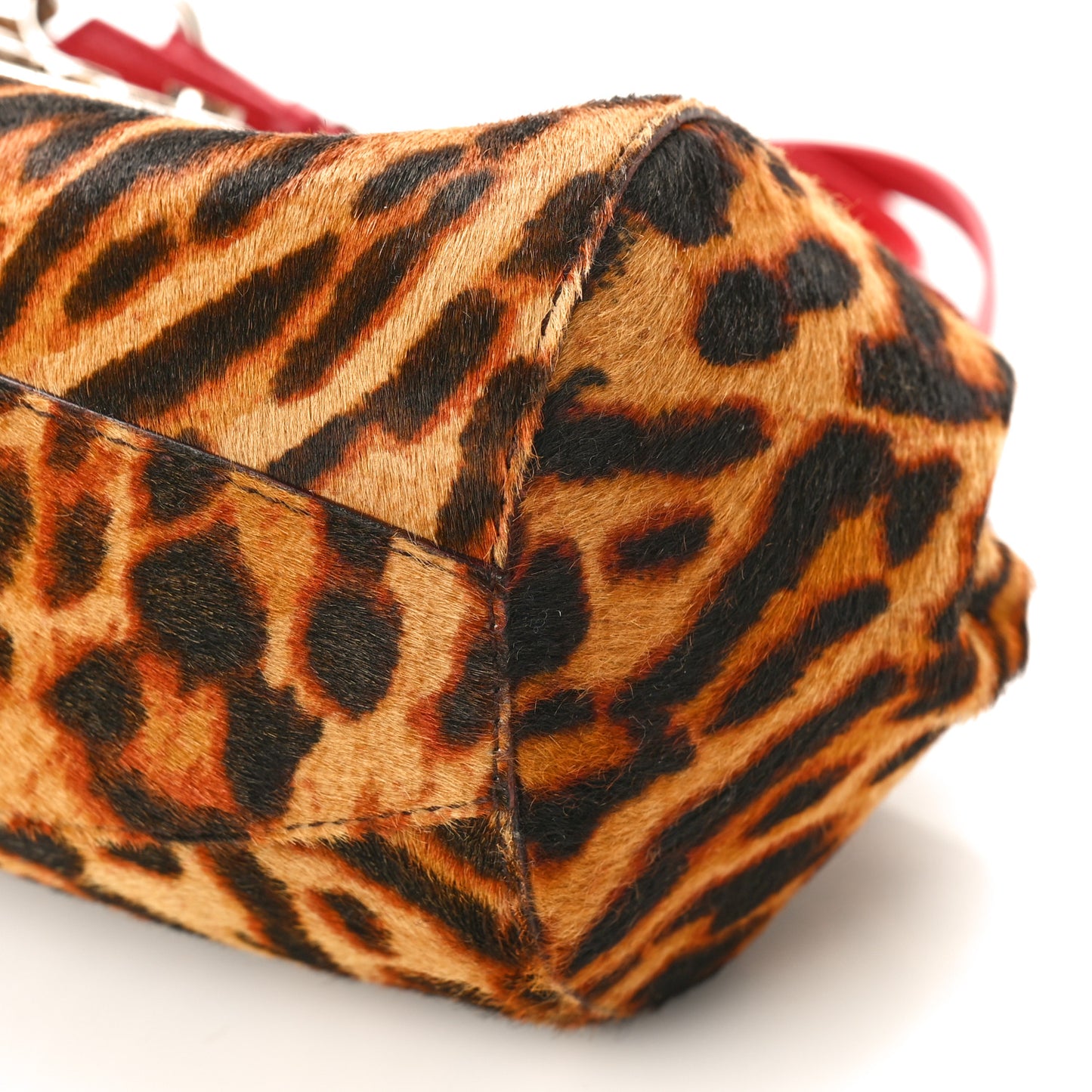 Pony Hair Leopard Print Diva Logo Shoulder Bag Red