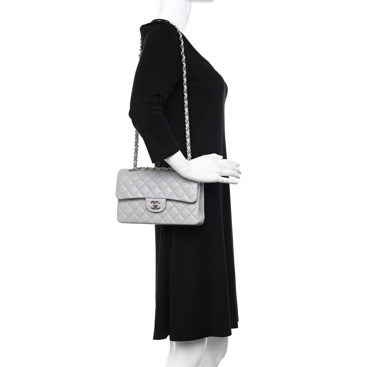 Caviar Quilted Small Double Flap Grey