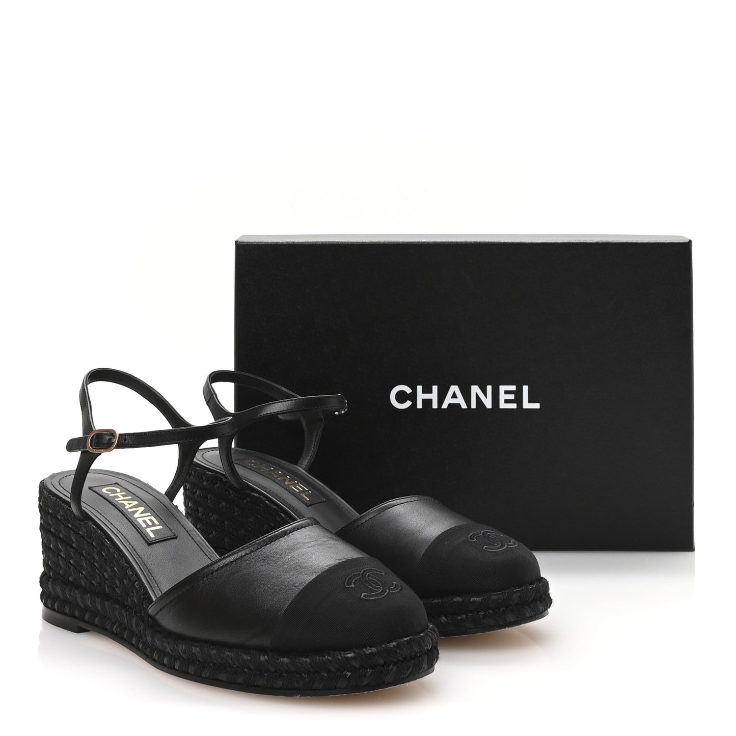 Lambskin Grosgrain CC Espadrilles Wedges 41 Black