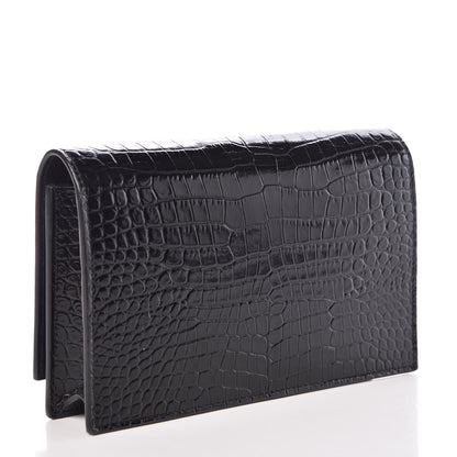Saint Laurent Calfskin Crocodile Embossed Kate Monogram Tassel Chain Wallet Black 3 of 9