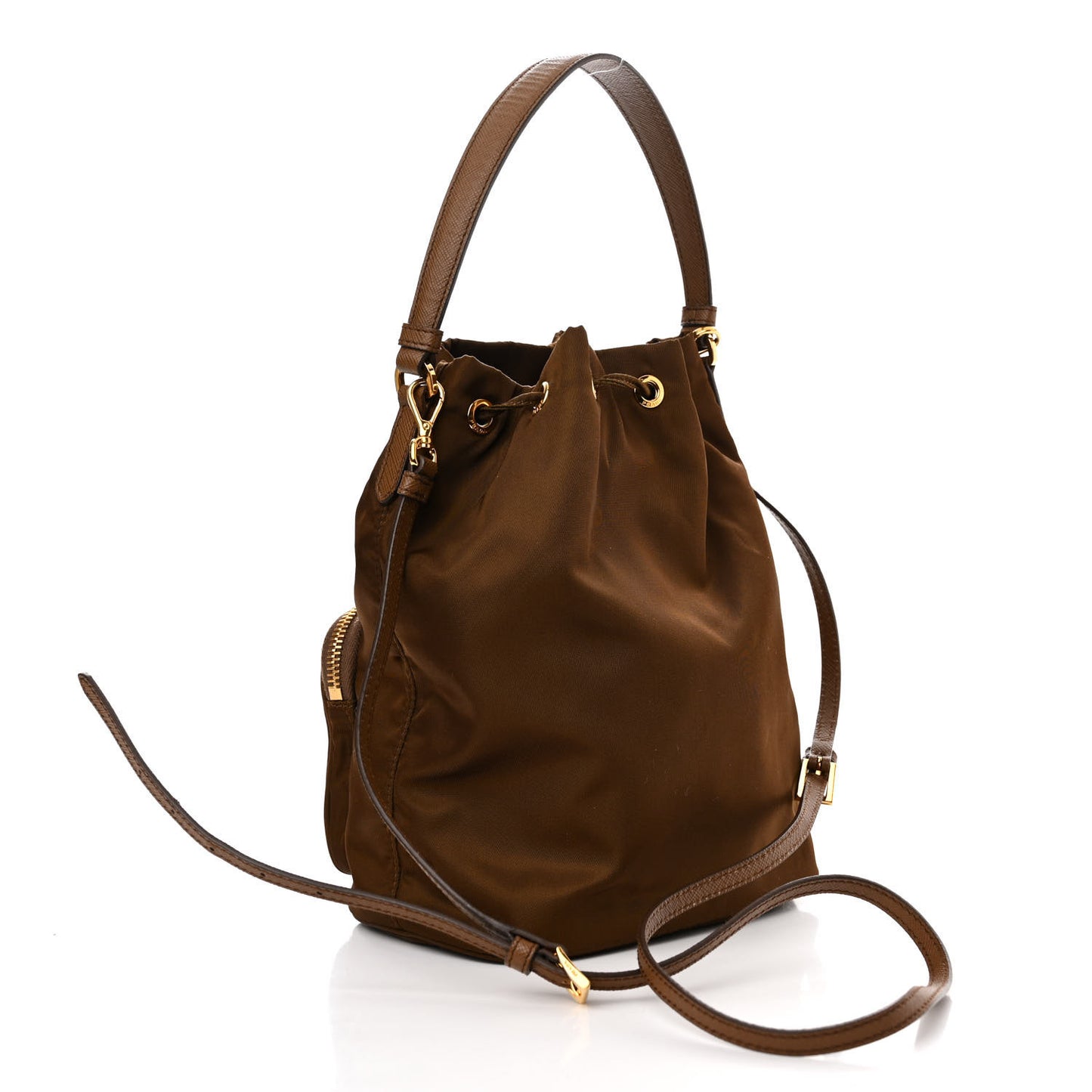 Saffiano Tessuto Nylon Mini Bucket Crossbody Bag Cacao