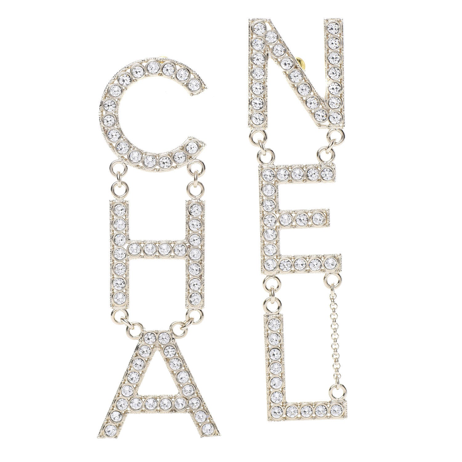 Chanel Crystal Cha-Nel Logo Drop Earrings Gold 1 of 5