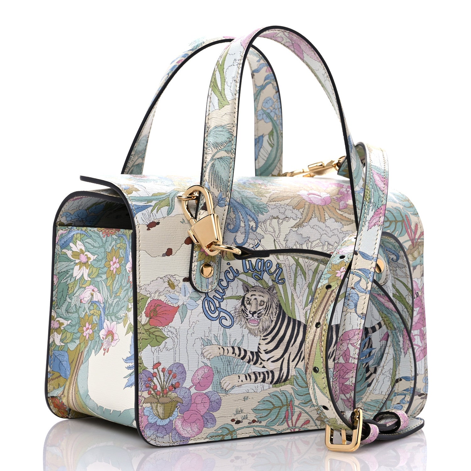Gucci New Shangai Calfskin Tiger Savanah Mini Horsebit 1955 Foldover Top Handle Bag Chalky White Multicolor 3 of 10