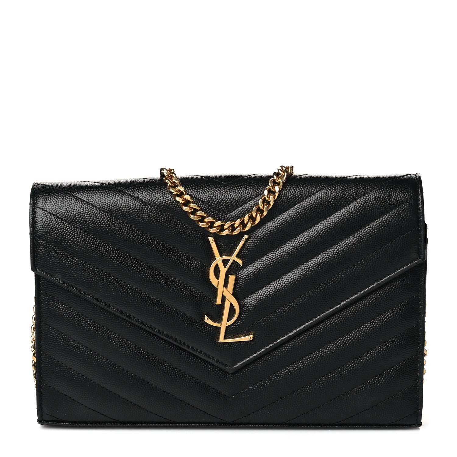 Saint Laurent Grain De Poudre Matelasse Chevron Monogram Chain Wallet Black 1 of 11